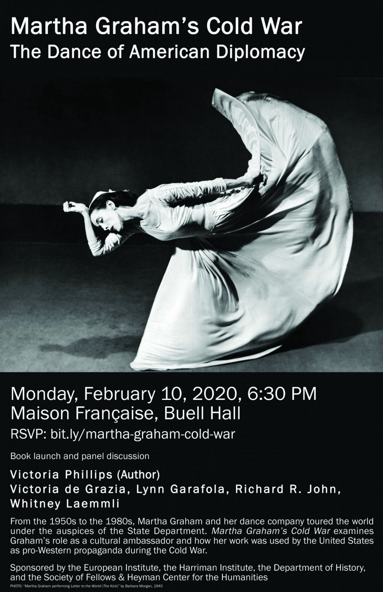 Flyer advertising book launch event for Martha Graham’s Cold War: the Dance of American Diplomacy