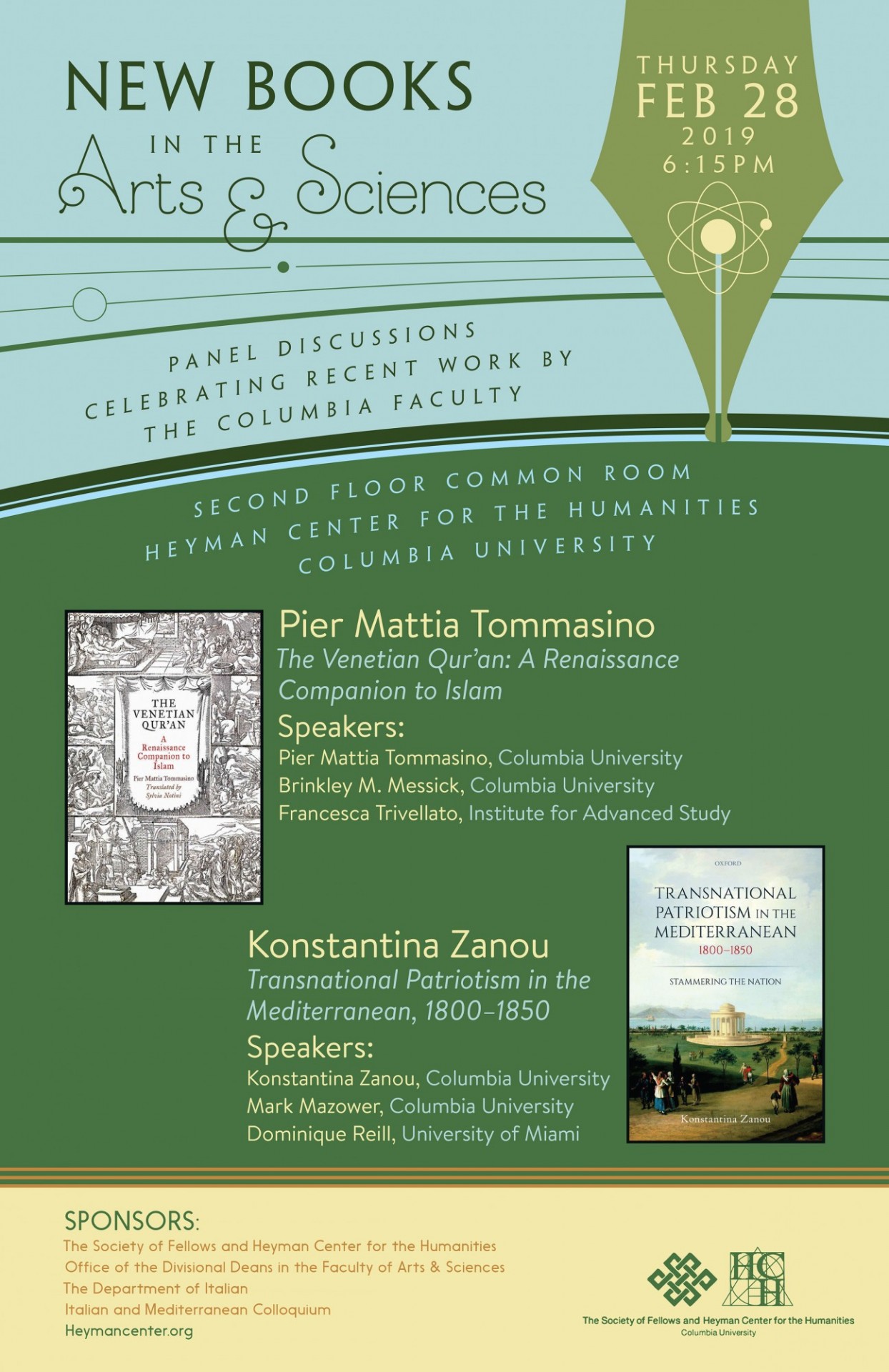 Poster advertising event "New Books in the Arts & Sciences: Celebrating Recent Work by Pier Mattia Tommasino and Konstantina Zanou"