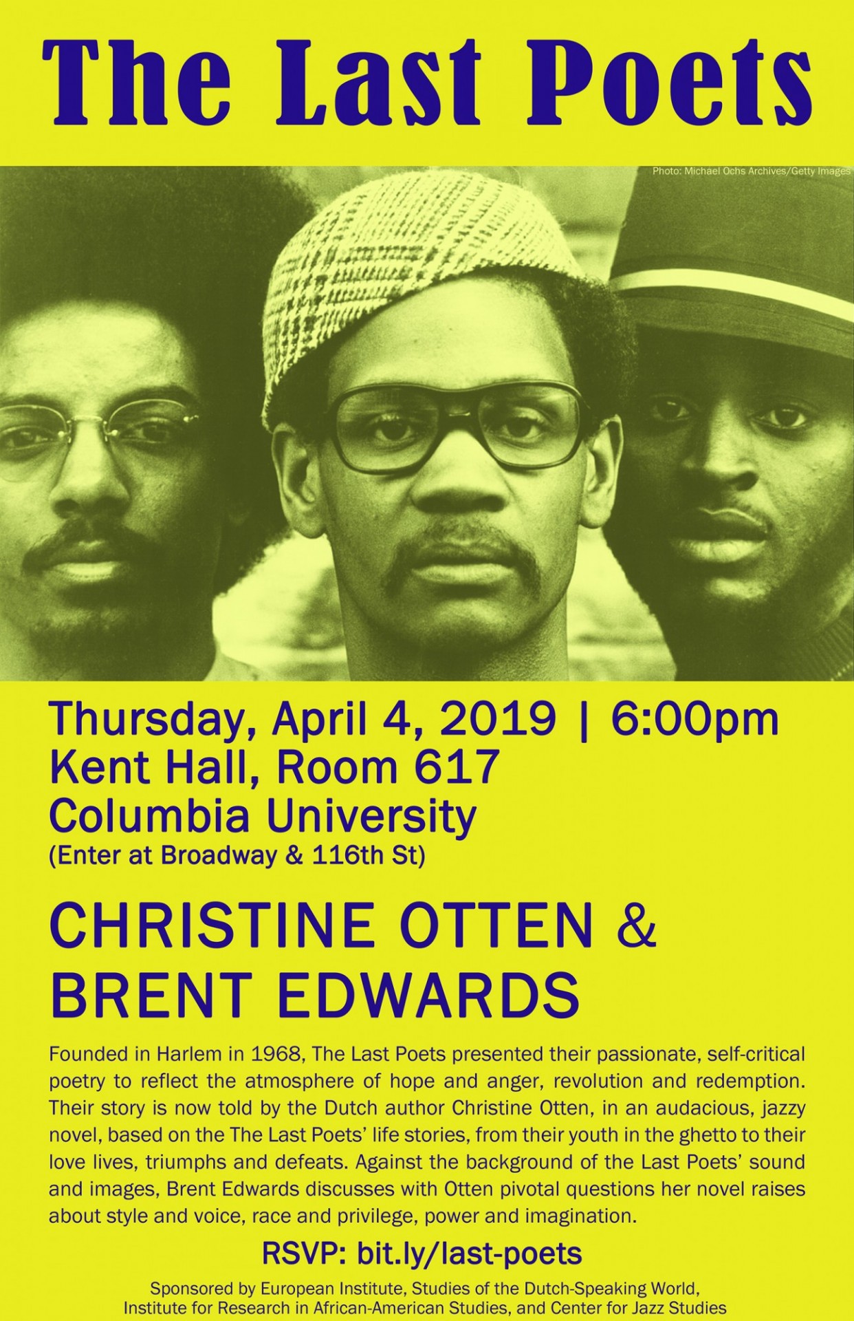 Flyer advertising event "Last Poets: Conversation with Christine Otten and Brent Edwards"
