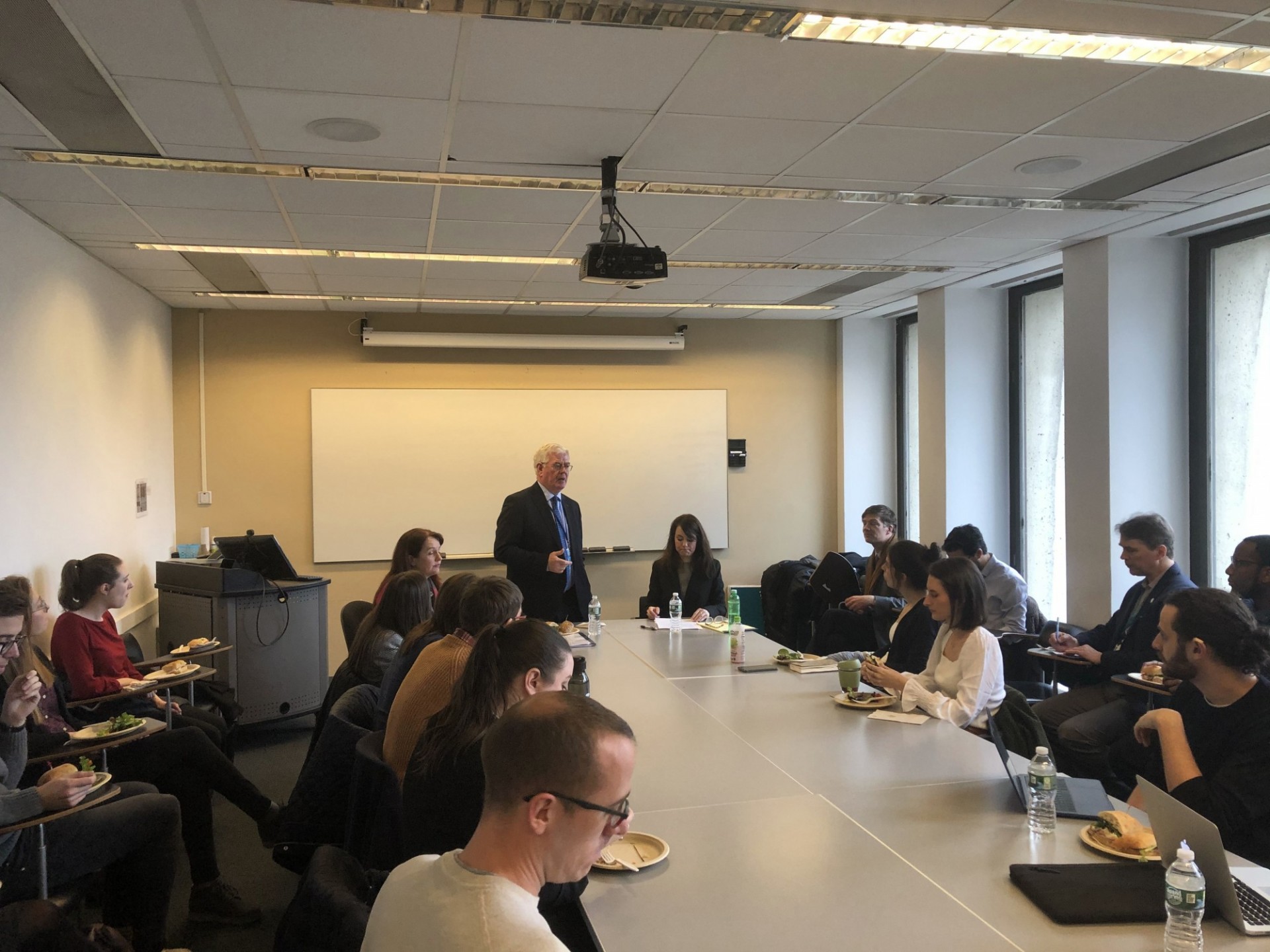 Eamon Gilmore in conversation with students at Columbia University