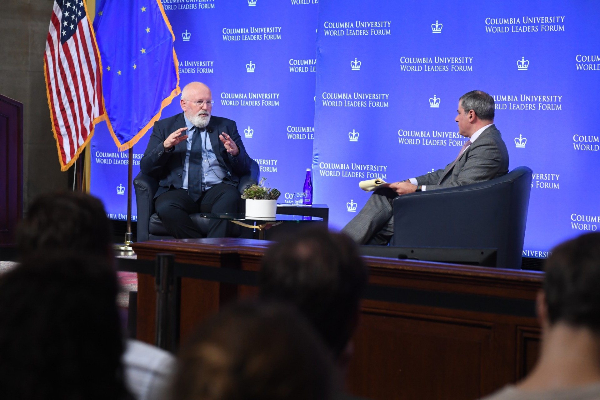 Frans Timmermans in conversation with Jason Bordoff at Columbia on September 20, 2022. Photo credit: Columbia University, Eileen Barroso. 