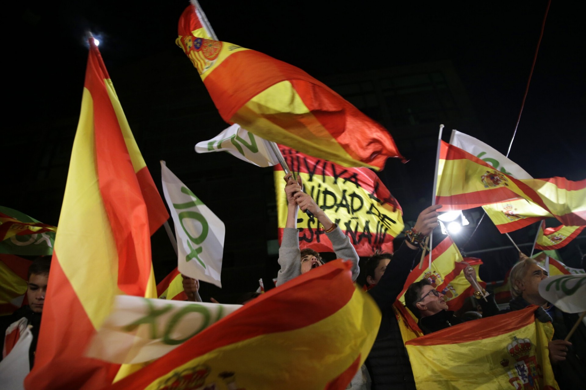 A crowd waves flags for Spain and its far-right Vox party