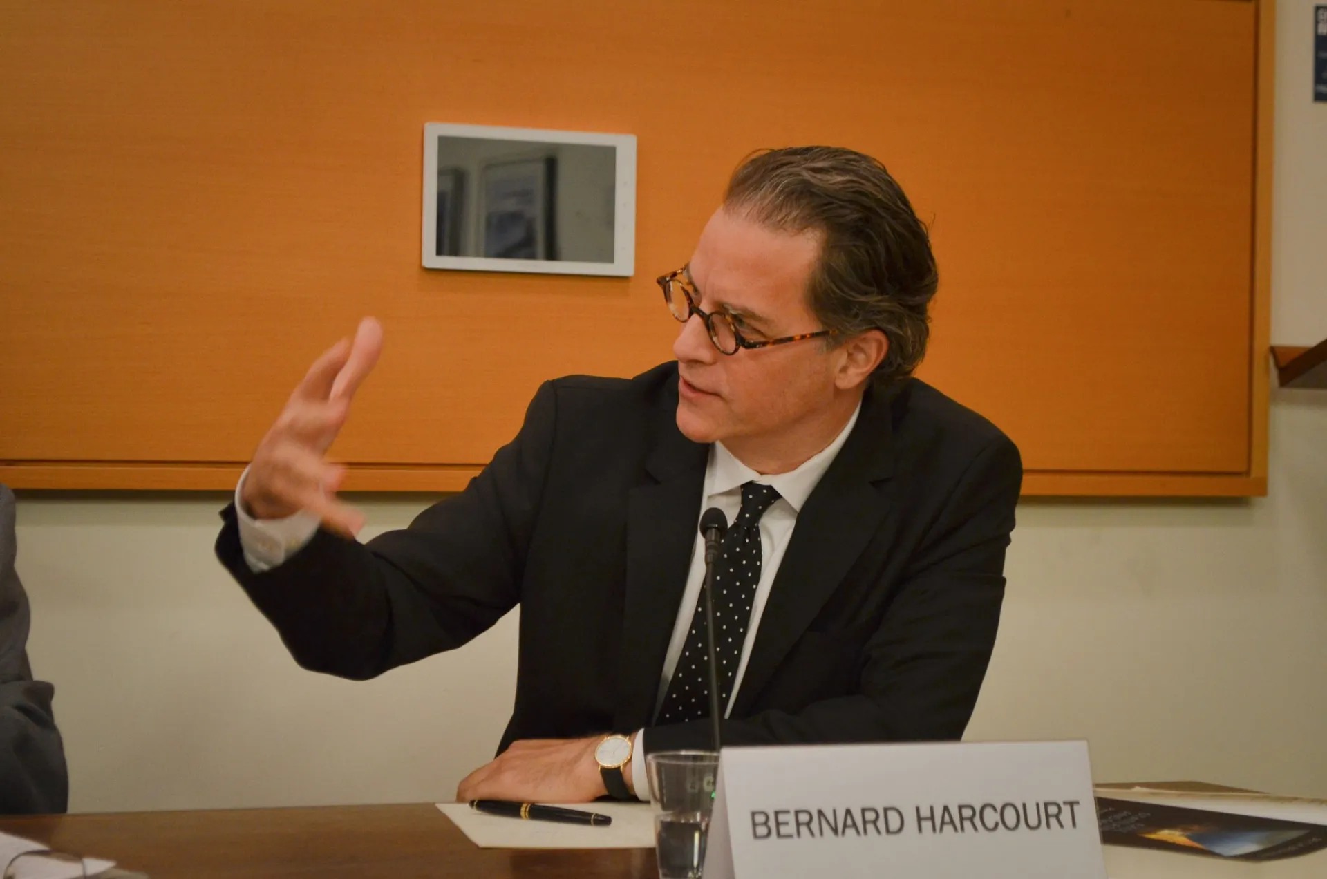 Bernard Harcourt gesturing as he speaks