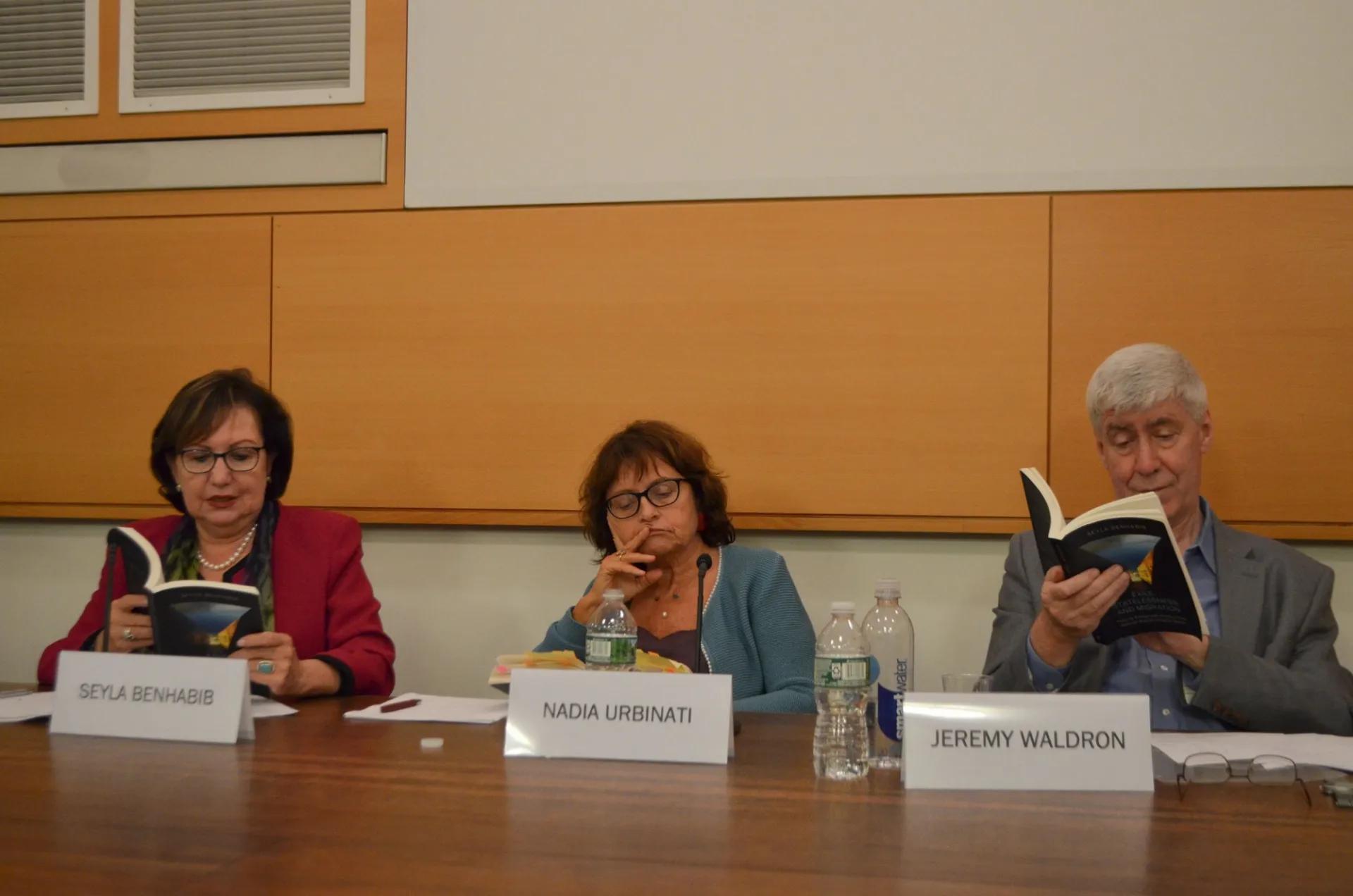 Seyla Benhabib, Nadia Urbinati, and Jeremy Waldron all read from the book Exile, Statelessness, and Migration