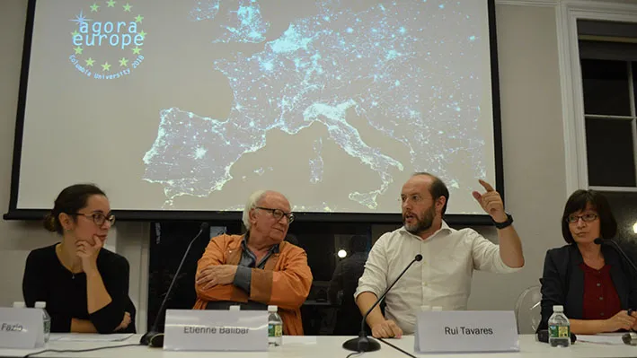 Agora Europe panelists Caterina di Fazio, Etienne Balibar, Rui Tavares, and Silvana Patriarca