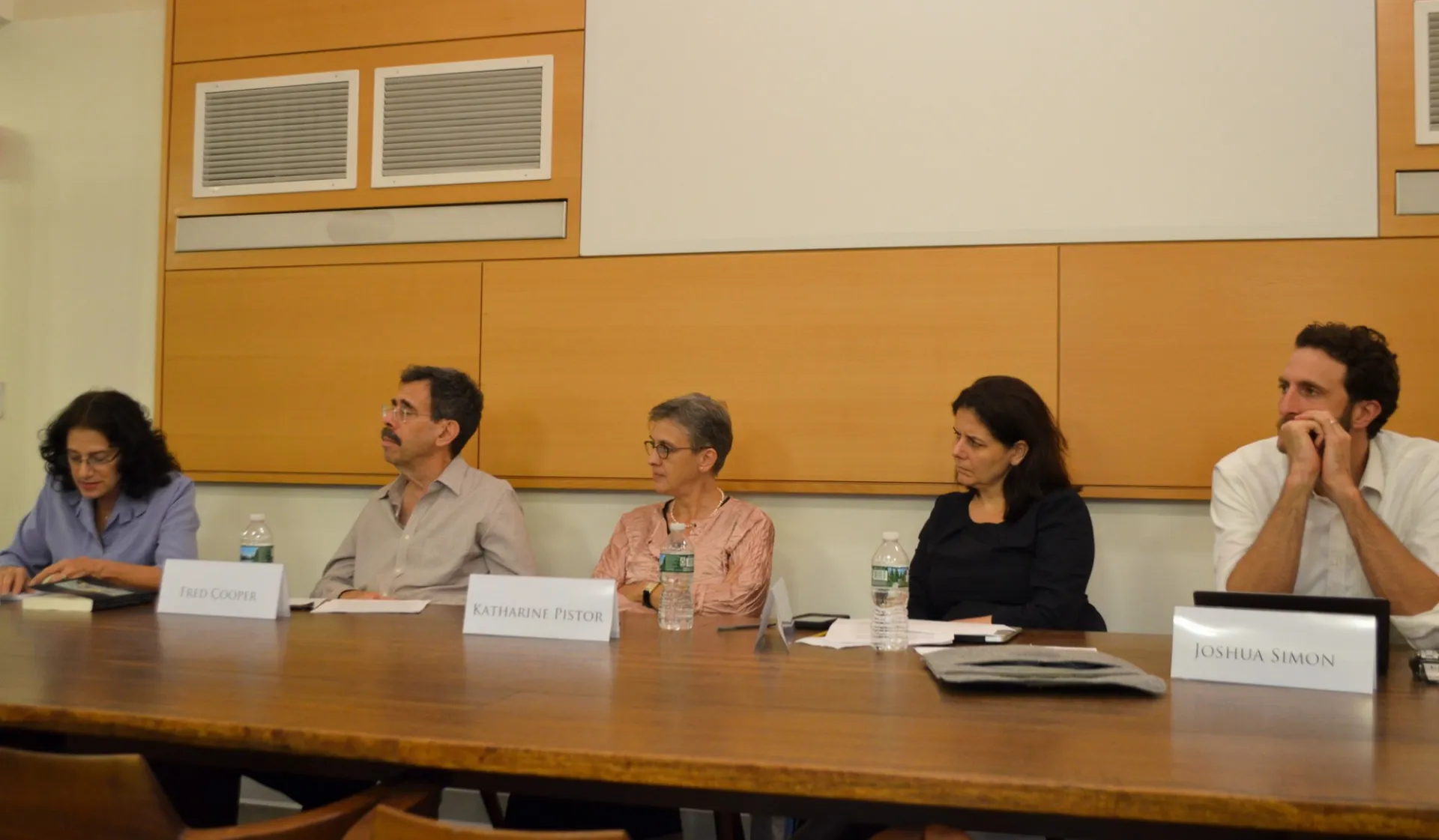 The panel: Professors Jean Louise Cohen, Fred Cooper, Katherine Pistor, Emmanuelle Saada, and Joshua Simon