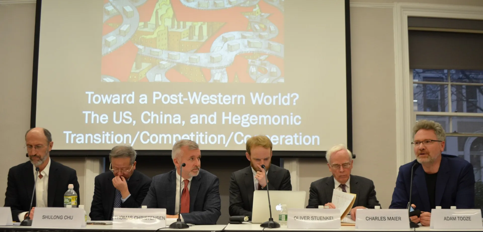 Professors Jack Snyder, Chu Shulong, Thomas Christensen, Oliver Stuenkel, Charles Maier, and Adam Tooze