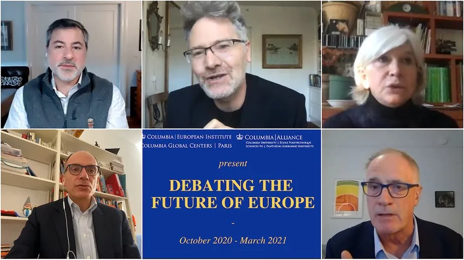 Discussion participants included (top row, left to right) Jason Bordoff, Adam Tooze, and Laurence Tubiana. And (bottom row, left to right) Enrico Letta and Alex Halliday.