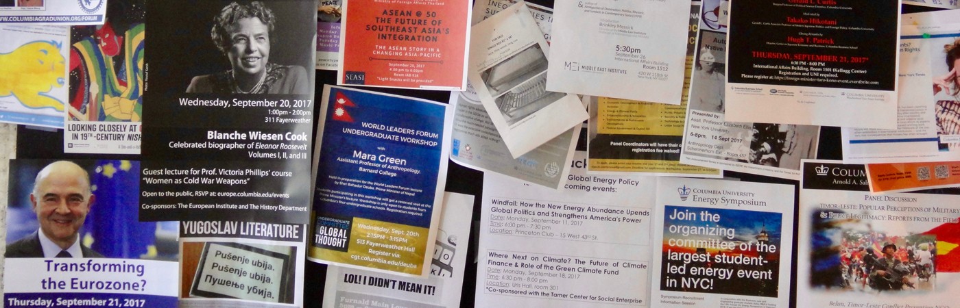 A wall of colorful flyers for different events at Columbia University
