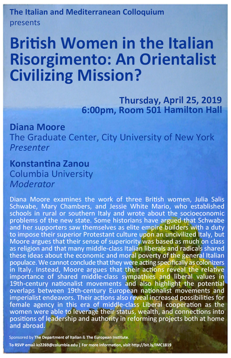 Flyer for Italian and Mediterranean Colloquium - April 25, 2019, session