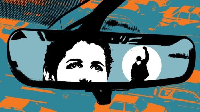 Illustration of a woman looking into a rearview mirror - Next to her reflection is the smaller image of a person with their fist raised. Illustration © Shonagh Rae