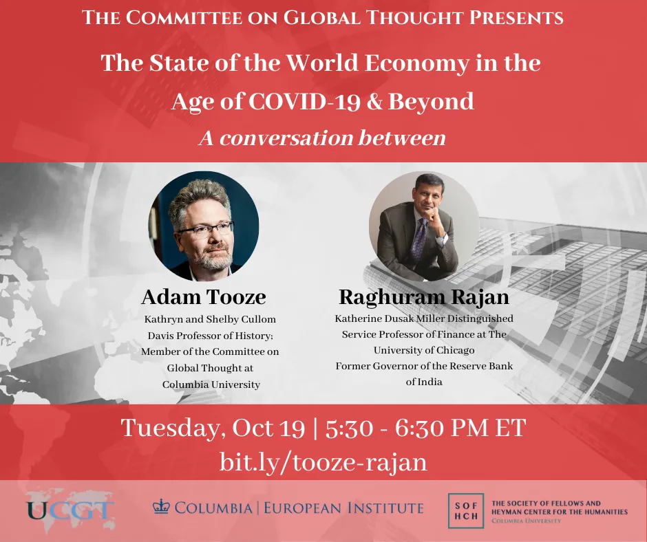 Poster advertising event with Adam Tooze and Raghuram Rajan