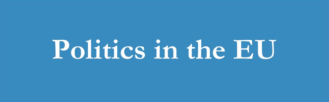 White text stating Politics in the EU on a light blue background